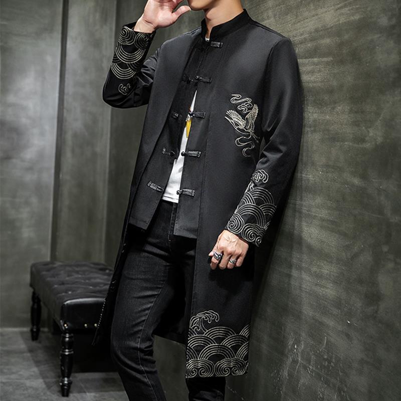 Men's Trendy Mid-length Hanfu Embroidered Trench Tang Suit Casual Coat
