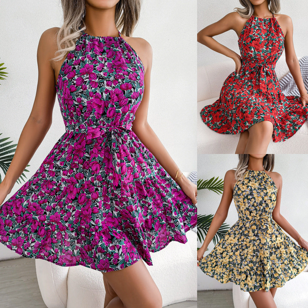 Spring And Summer Leisure Tied Lotus Leaf Large Swing Floral Dress