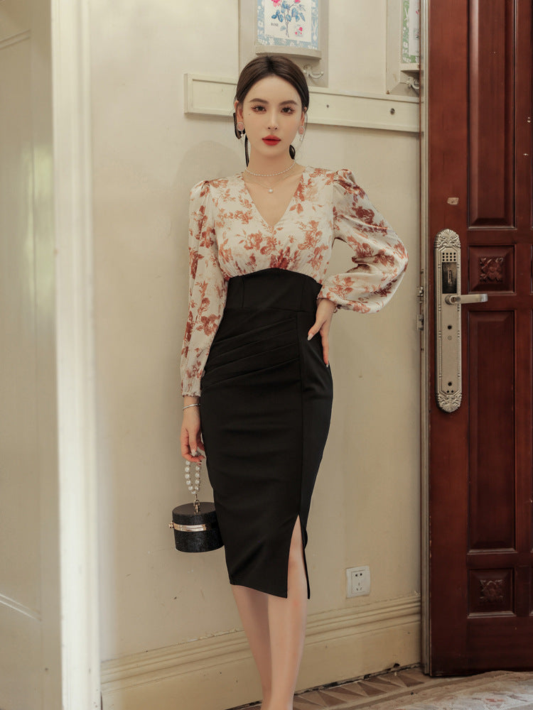 Women's Fashionable Elegant Slim-fit Printed Long-sleeved Dress
