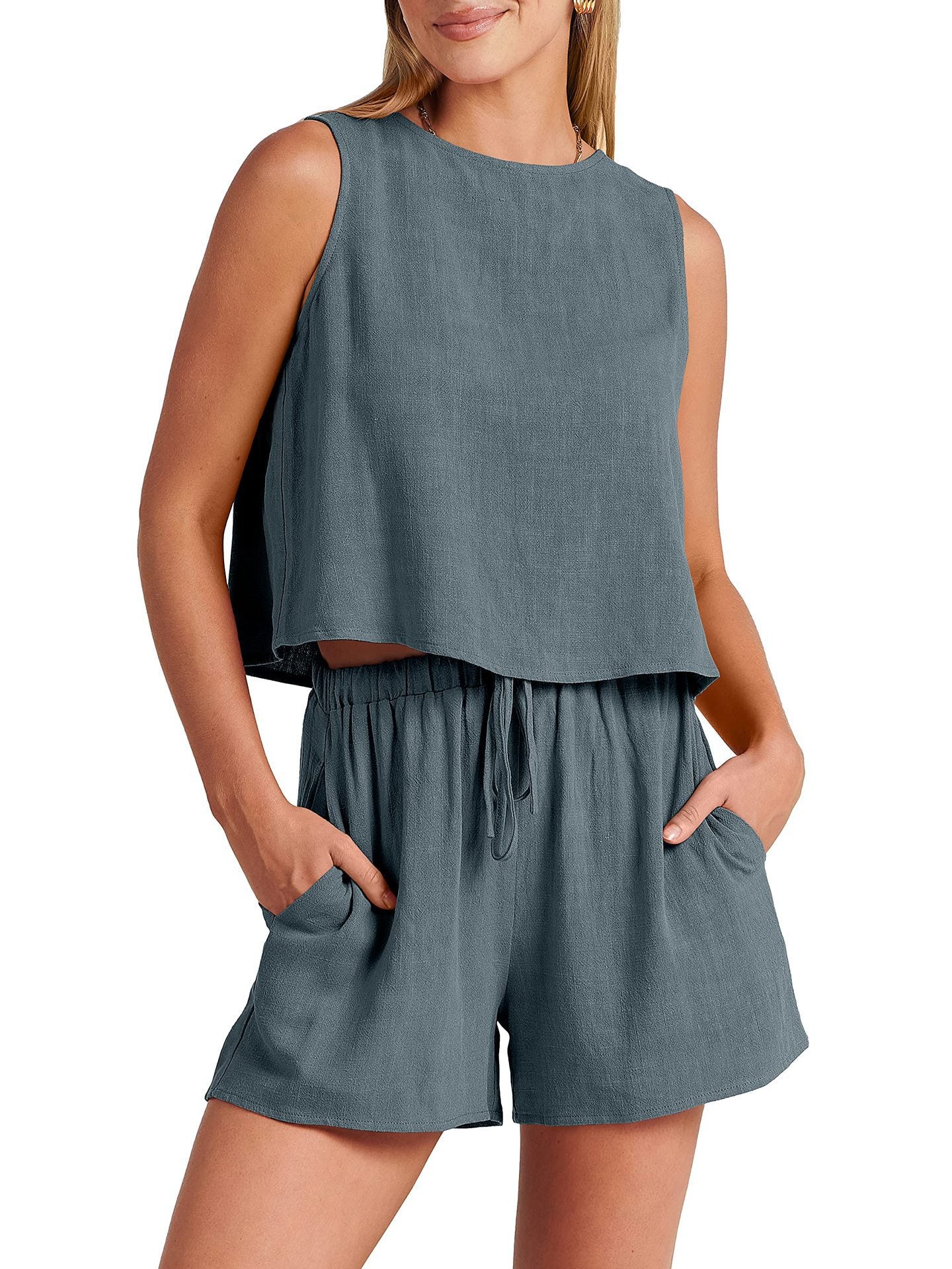 Women's Casual Sleeveless Loose Cotton Linen Shorts Two-piece Suit