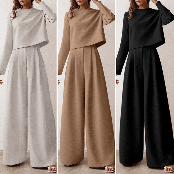 Brown Fashionable Korean Style Long Sleeve Pure Color Cotton Two-piece Set