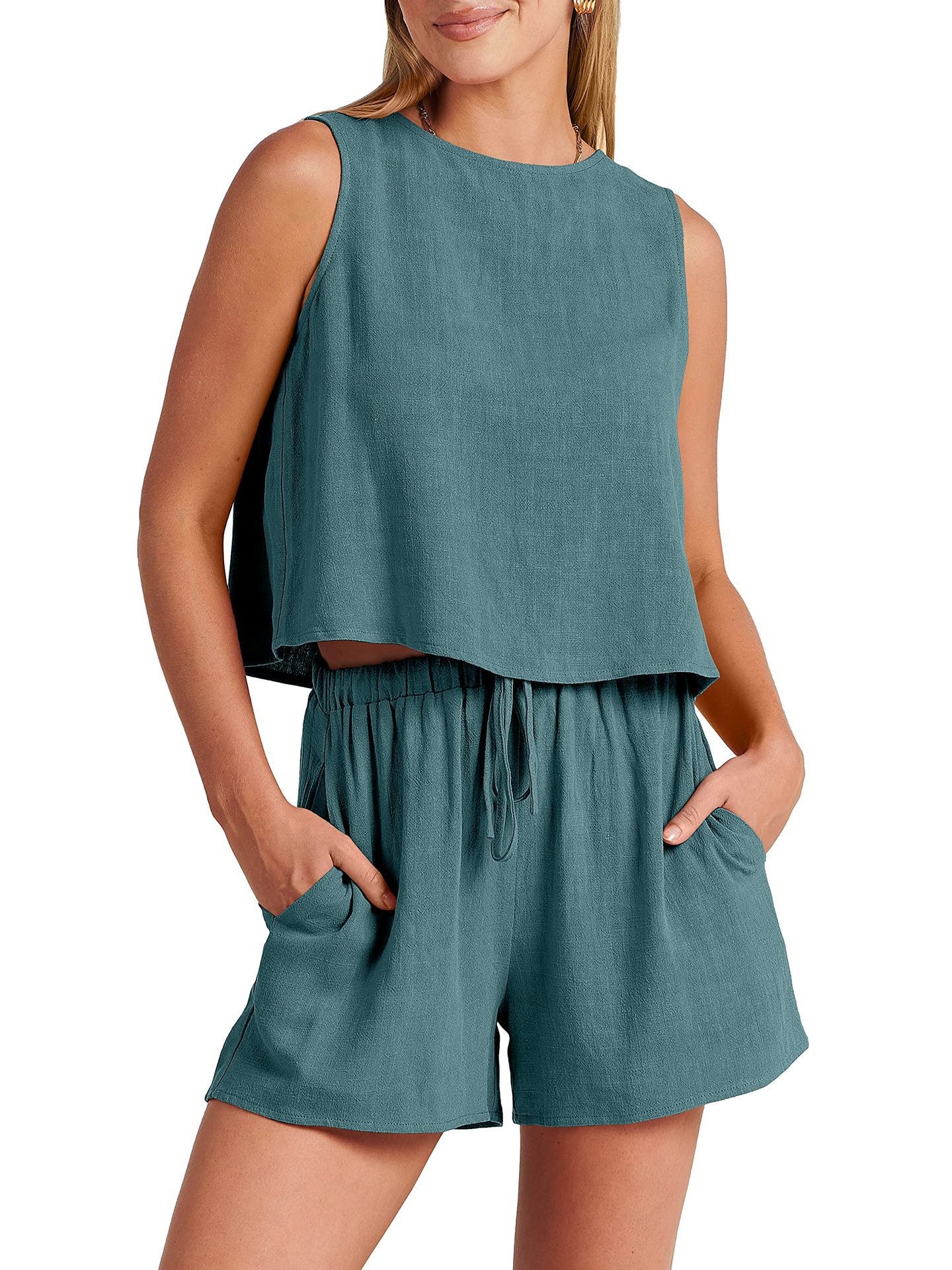 Women's Casual Sleeveless Loose Cotton Linen Shorts Two-piece Suit