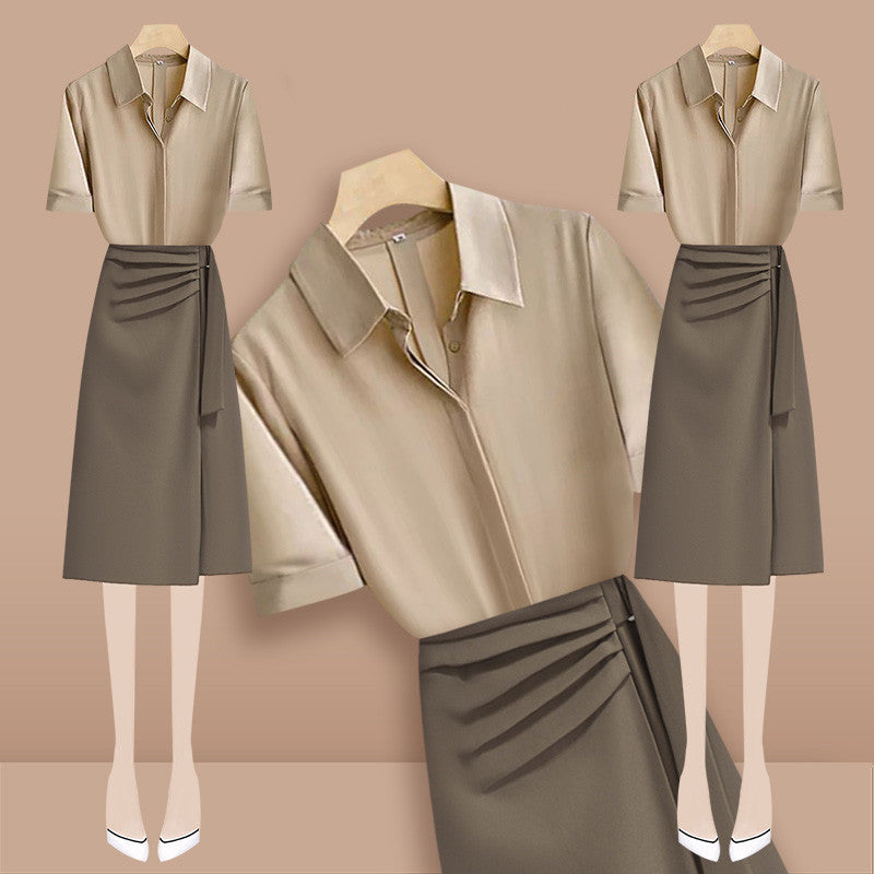 Elegant Short-sleeved Satin Shirt Women's High Waist Suit