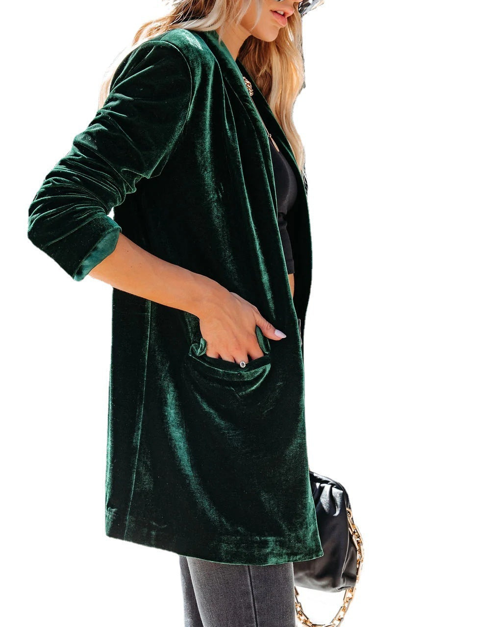 Woolen Coat Women's Lapel Pleuche Long Sleeve Coat
