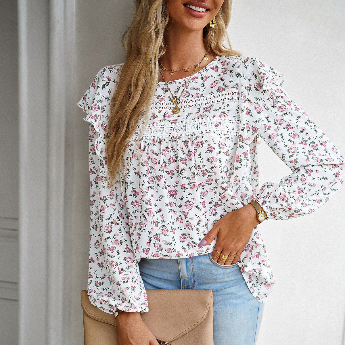 Women's Fashion Round Neck Long Sleeve Floral Shirt