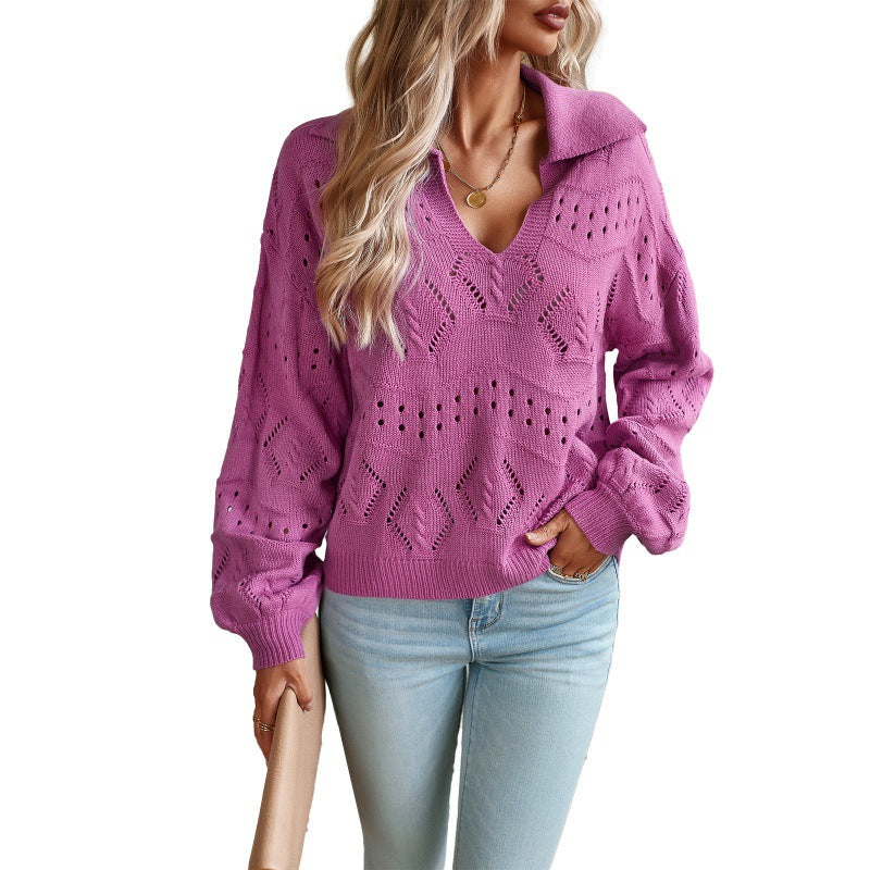 Women's Polo Collar Long-sleeved Knitted Top