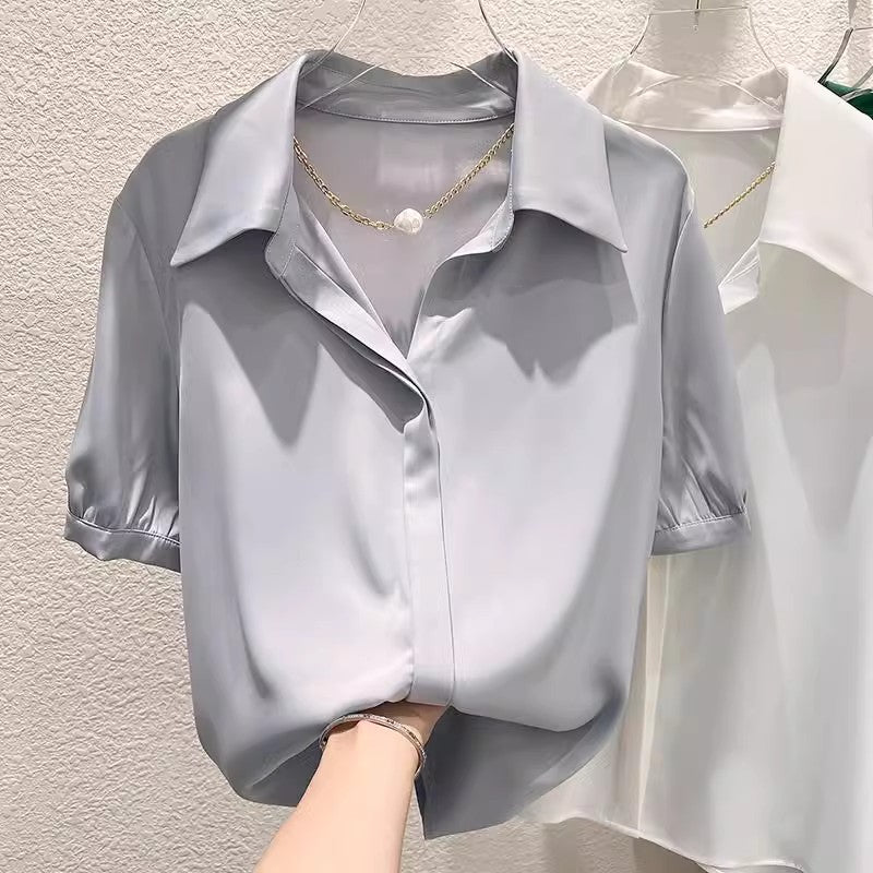 Thin Lapel Short Sleeve Satin Shirt Feminine Set