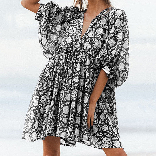 Women's Personalized Retro Loose Tied Printed Dress