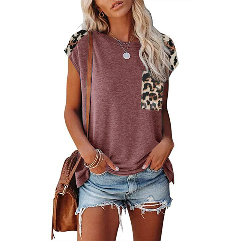 Women's Round Neck Stitching Leopard Print Pocket Raglan Sleeve Casual T-shirt