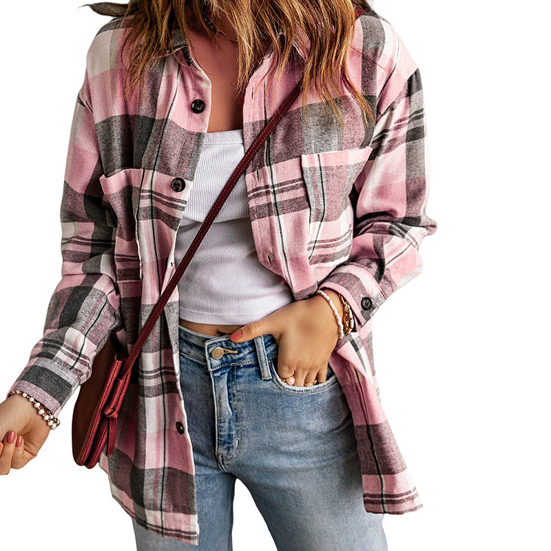 Pink Plaid Women's Spring And Autumn Button Pocket Shirt Women's Top