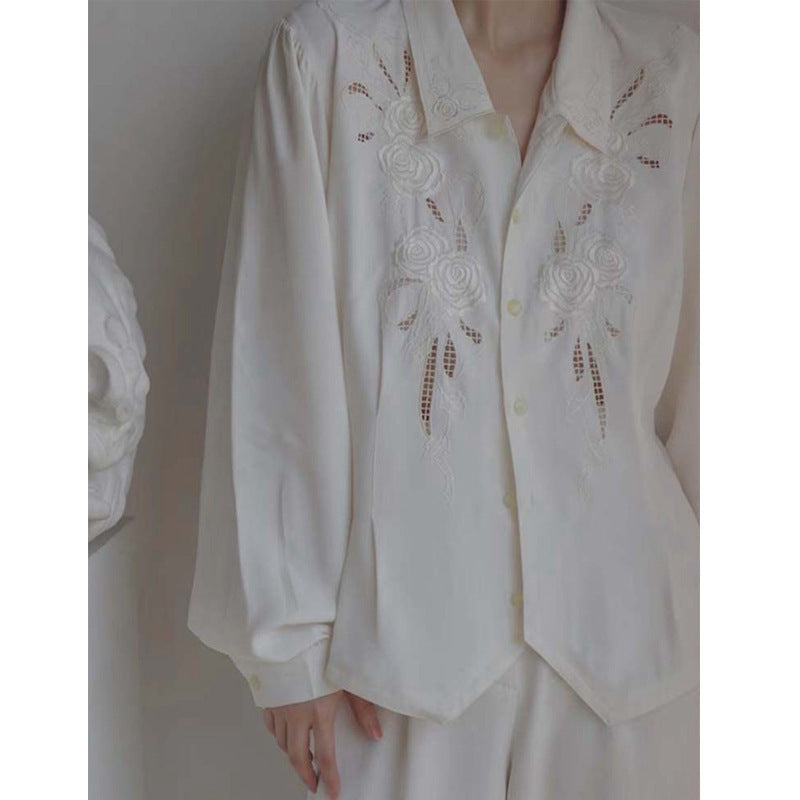 White Shirt Embroidered Hollow Shirt For Women