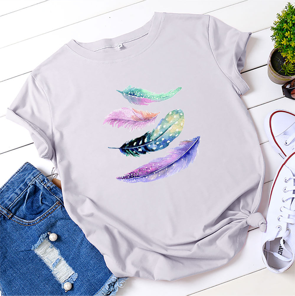 European And American Color Feather Printed Cotton Short-sleeved T-shirt