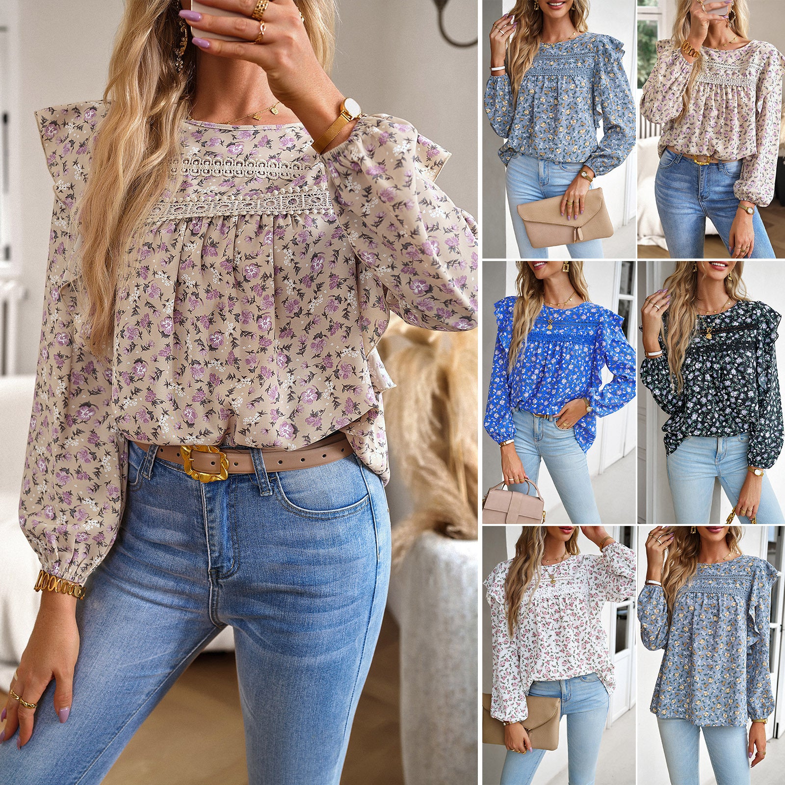 Women's Fashion Round Neck Long Sleeve Floral Shirt